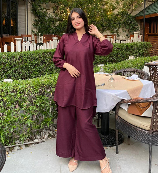 Stylish Maroon Co-Ord Set - 2 Pcs Cotton Plain for Women's Fashion
