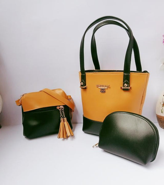 3 Pcs Women's Faux Leather Hand Bag Set in Pink & Mustard